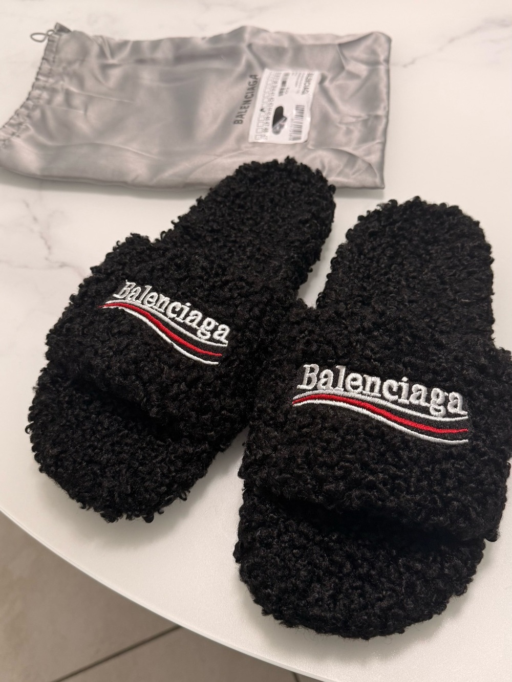 Balenciaga Black Sherpa Slide Sandals with Red & White Logo Stripe - Picture 5 of 7